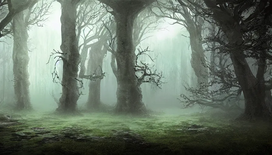 Image similar to a dark gloomy foggy forest with a doorframe that is a portal to a fantasy landscape, high quality rendering, digital art