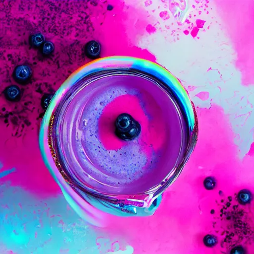 Image similar to raspberry, blueberry, vanilla smoothie explosion, intricate complexity, inverted neon rainbow drip paint, trending on art station, photoreal, 8 k, octane render