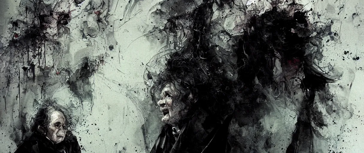 Prompt: portrait of scarry bilbo baggins from lord of the rings, jupscare scene with ian holm from fellowship of the ring by emil melmoth zdzislaw beksinki craig mullins yoji shinkawa realistic render ominous detailed photo atmospheric by jeremy mann francis bacon and agnes cecile ink drips paint smears digital glitches glitchart