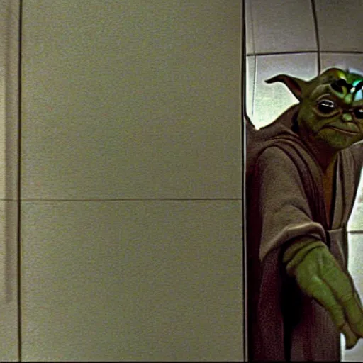 Image similar to master yoda too short to use the urinal in the bathroom of the death star, movie scene from a star wars movie 1 9 9 9
