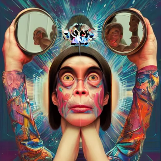Image similar to lofi monkey in front of a mirror reflecting anger facial expression of a human face, symmetrical hands, doctors mirror, Pixar style by Tristan Eaton Stanley Artgerm and Tom Bagshaw, high detail