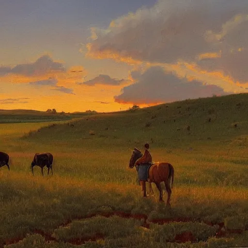 Prompt: a highly detailed painting of a beautiful prairie landscape at sunset with a lone rancher desperately trying to corral 100 cattle, Normal Rockwell