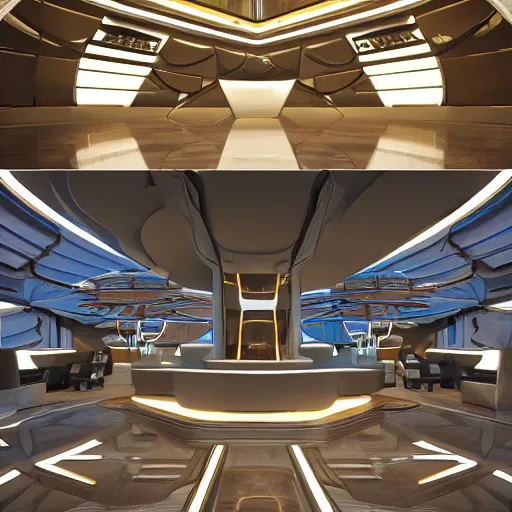 Image similar to futuristic hotel lobby by dennis chan, hyper detailed, digital art, trending in artstation, cinematic lighting