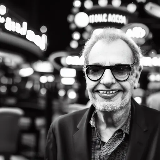 Prompt: Donald Fagen at a casino, XF IQ4, f/1.4, ISO 200, 1/160s, 8K, RAW, unedited, symmetrical balance, in-frame, Facial Retouch