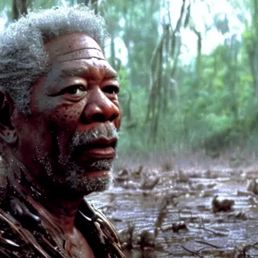 Image similar to cinematic still of morgan freeman, covered in mud and watching a predator in a swamp in 1 9 8 7 movie predator, hd, 4 k