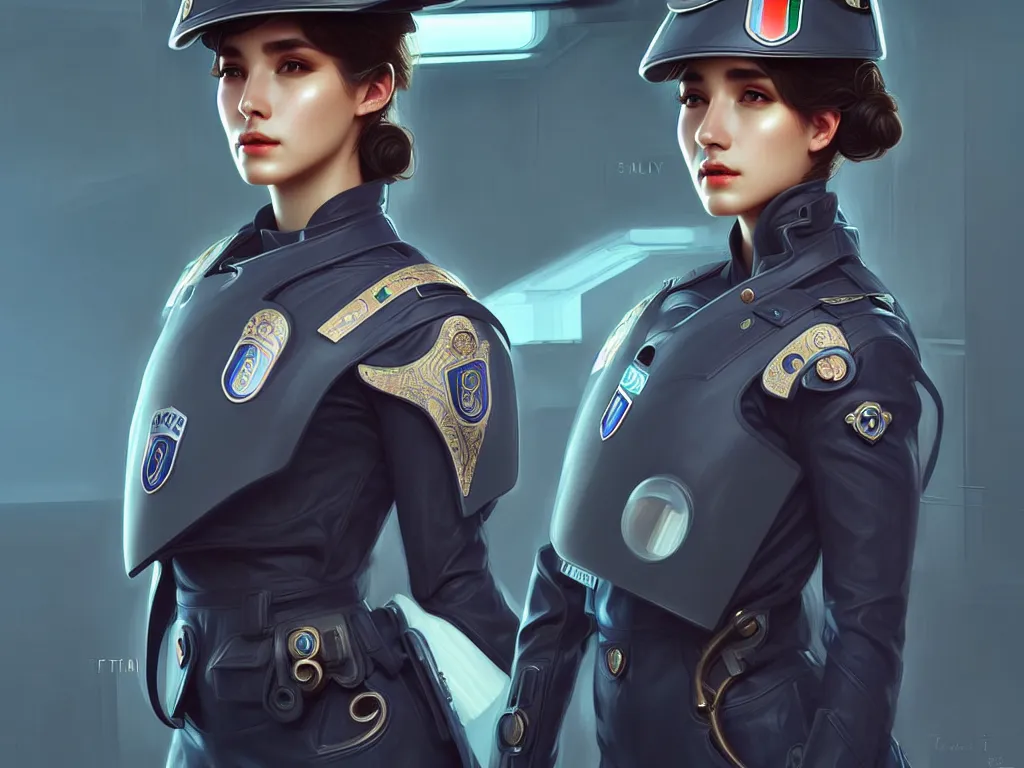 Image similar to portrait futuristic italy police uniform female, at future neon light rooftop, ssci - fi and fantasy, intricate and very very beautiful and elegant, highly detailed, digital painting, artstation, concept art, smooth and sharp focus, illustration, art by tan zi and ayanamikodon and alphonse mucha and wlop