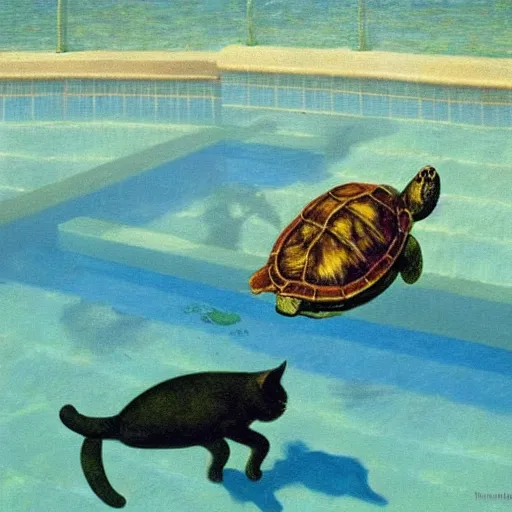 Image similar to painting of a cat playing with a turtle in a swimming pool, impressionism, art by Magritte