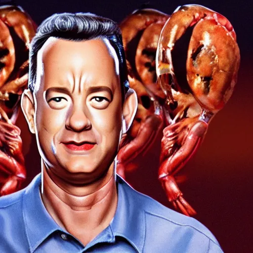 Image similar to Tom Hanks as forrest gump with giant shrimp heads instead of hands, digital art, photoreailstic, amazing detail