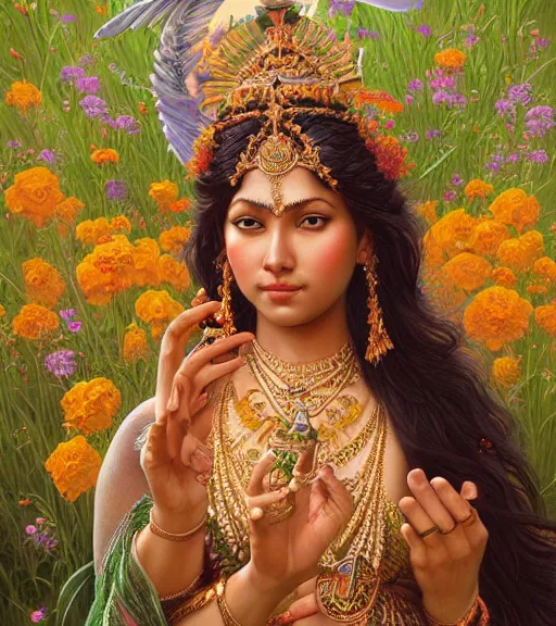 Image similar to hindu goddess im beautiful meadow of flowers, highly detailed, centered, digital painting, artstation, concept art, smooth, sharp focus, illustration, art by artgerm and donato giancola and Joseph Christian Leyendecker, Ross Tran, WLOP