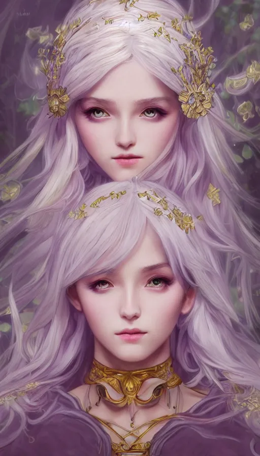 Prompt: masterpiece ultra realistic illustration of a magical girl with silver hair and gold eyes, dreamy and ethereal, lavender tones, ornate dress, dramatic, cinematic, fantasy, highly detailed, smooth. in the style of artgerm and alphonse mucha, artstation trending.