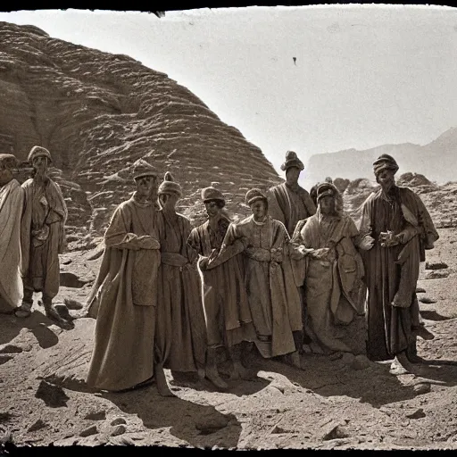 Image similar to ultra detailed photorealistic sepia - toned photo from 1 9 1 7, clean - shaven british soldiers standing with bedouin traders in traditional arab garb, at an archaeological dig site in wadi rum, ultra realistic, painted, intricate details, lovecraft, atmospheric, dark, horror, brooding, highly detailed, by clyde caldwell