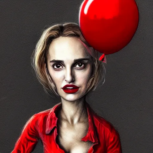 Image similar to surrealism grunge cartoon portrait sketch of natalie portman with a wide smile and a red balloon by - michael karcz, loony toons style, freddy krueger style, horror theme, detailed, elegant, intricate