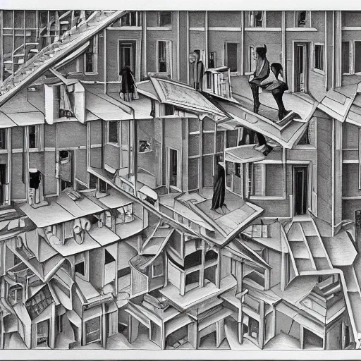 Image similar to high school, mc escher painting