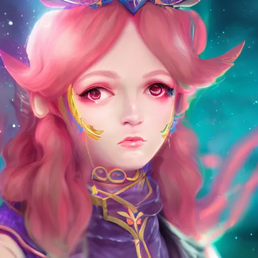 Prompt: a high fantasy portrait of a celestial magical girl, very beautiful, very attractive, trending on artstation, cool color scheme, unreal engine, painted by artgem, deviant art