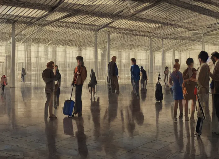 Image similar to people inside future airport, figures, in the style of matt murphy, enes dirig, jeremy enecio, intricate, miles johnston, monet, cynical realism, john william godward, painterly, yoshitaka amano, miles johnston, louise zhang, matt murphy, enes dirig, pekka halonen, finnish naturalism, realism