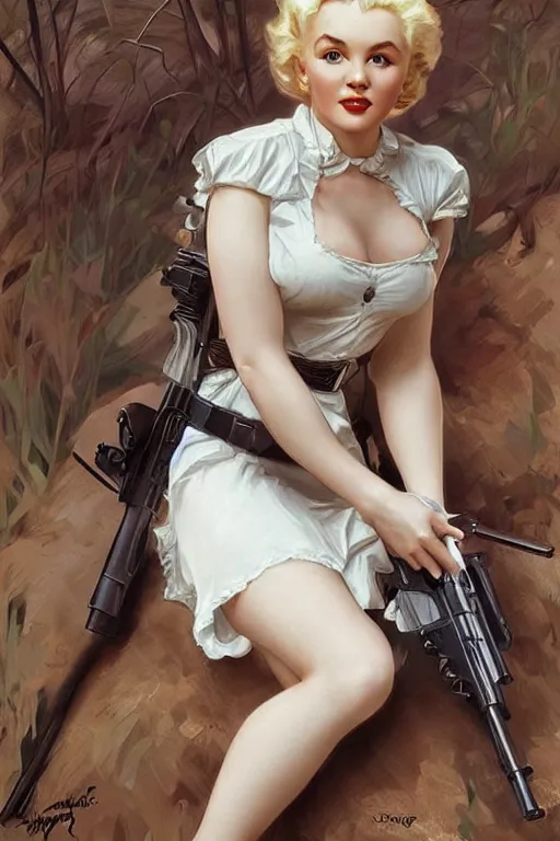 Image similar to beautiful cottagecore Marylin Monroe holding a rifle. intricate, elegant. highly detailed, digital painting, artstation, concept art, smooth, sharp, focus, illustration. . art by artgerm and greg rutkowski and alphonse mucha