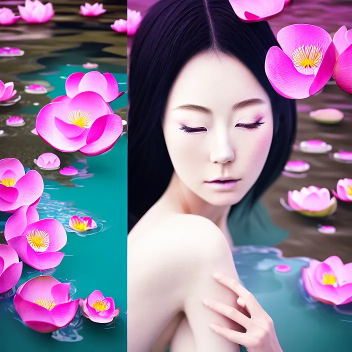 Image similar to Kodak Portra 400, 8K, soft light, volumetric lighting, highly detailed, Rena Nounen style 3/4 ,portrait photo of a Japanese ravishing Goddess how WLOP painter, the face emerges from the water of Pamukkale with lotus flowers, inspired by Ophelia paint , a beautiful chic dress and hair are intricate with highly detailed realistic beautiful flowers , Realistic, Refined, Highly Detailed, ethereal lighting colors scheme, outdoor fine art photography, Hyper realistic, photo realistic