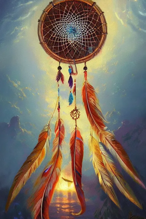 Prompt: beautiful oil painting of a Dream Catcher with feathers, by Lisa Frank, greg rutkowski, thomas kinkade, trending on artstation