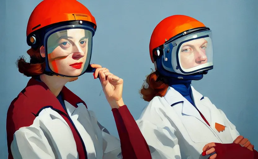 Image similar to Portrait of a woman Scientist with helmet, very coherent, painted by Edward Hopper, painted by James Gilleard, airbrush, art by JamesJean