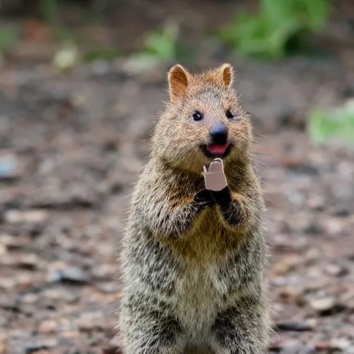 Prompt: A happy quokka flipping off the photographer