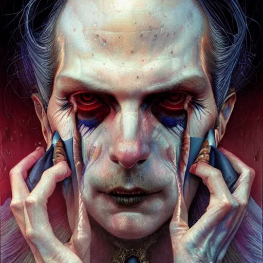 Prompt: hyper detailed masterpiece, beautiful androginous vampire portrait jean giraud, digital art painting, darkwave goth aesthetic, creepy, psychedelic, artgerm, donato giancola, tom bagshaw