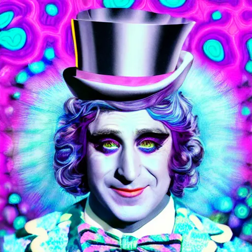 Image similar to an extremely psychedelic portrait of willy wonka as lady gaga, surreal, lsd, face, detailed, intricate, elegant, lithe, highly detailed, digital painting, artstation, concept art, smooth, sharp focus, illustration,