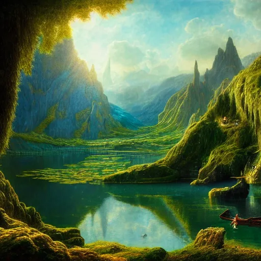 Prompt: a beautiful and highly detailed matte painting of the lost land by a beautiful lake, bright sunlight, celtic, psychedelic, epic scale, insanely complex, hyperdetailed, sharp focus, hyperrealism, artstation, cgsociety, 8 k, bright colors, by caspar friedrich, albert bierstadt, james gurney, brian froud,