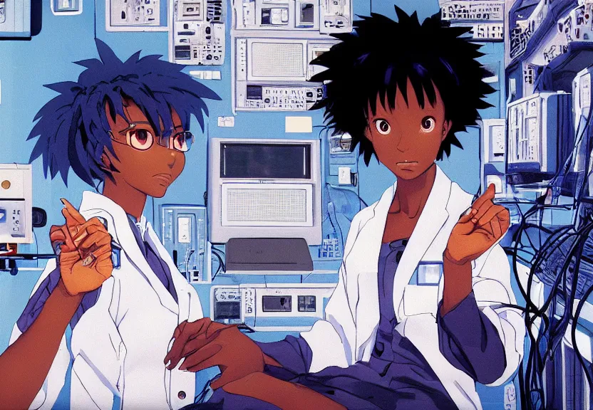 Image similar to dark skin woman wearing a white lab coat with a blue haircut, body connected to wires and surrounded by 1 9 8 0 s computers, painted by yoshitoshi abe and makoto shinkai, in the style of serial experiments lain and gainax evangelion 1 9 9 5, dynamic lighting, dark ambience, cell - shaded, detailed face, retro tech