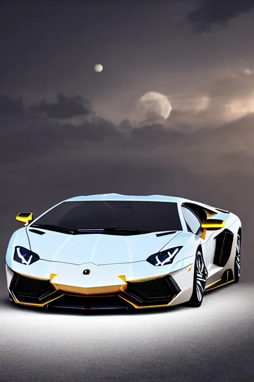 Image similar to Lamborghini Aventador S, photorealistic, high resolution, award winning, trending on artstation, moon, highly detailed, night, volumetric lighting