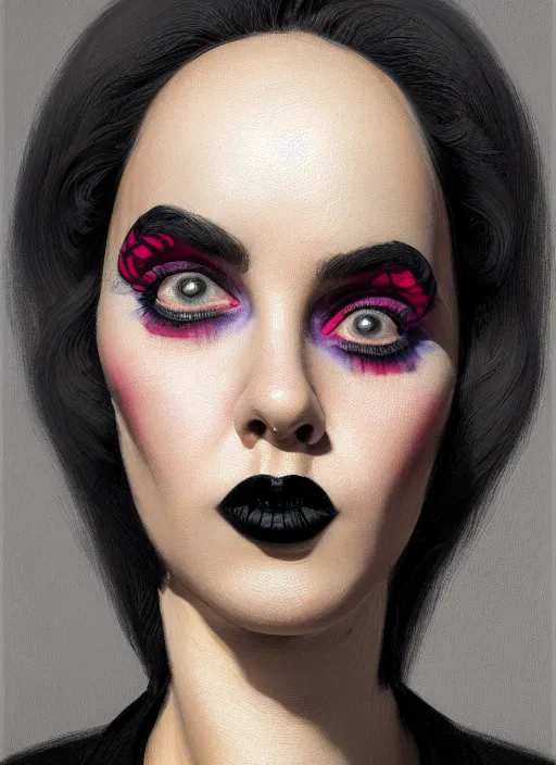 Image similar to portrait of a plump isreali woman with a crooked nose and a confident expression, 1 9 6 0 s, black clothes, goth, punk, brightly coloured hair, funk, intricate, elegant, highly detailed, digital painting, artstation, concept art, smooth, sharp focus, illustration, art by wlop, mars ravelo and greg rutkowski