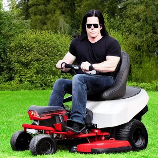 Image similar to glenn danzig on a riding lawn mower,