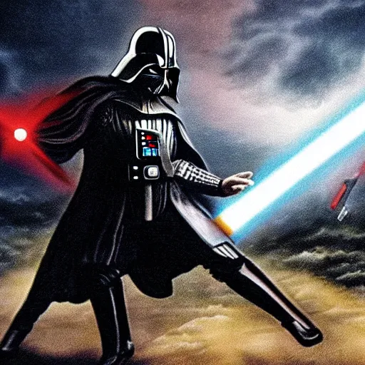 Image similar to biblical picture of darth Vader striking Jesus down with a light-saber