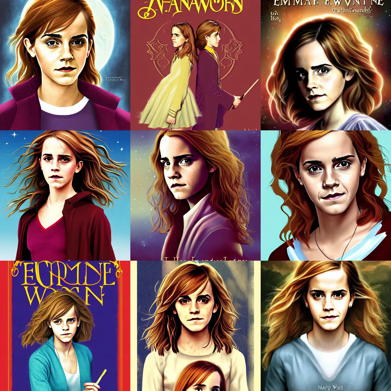 Prompt: emma watson / hermione granger, cover art by mary grandpre for a book by jk rowling