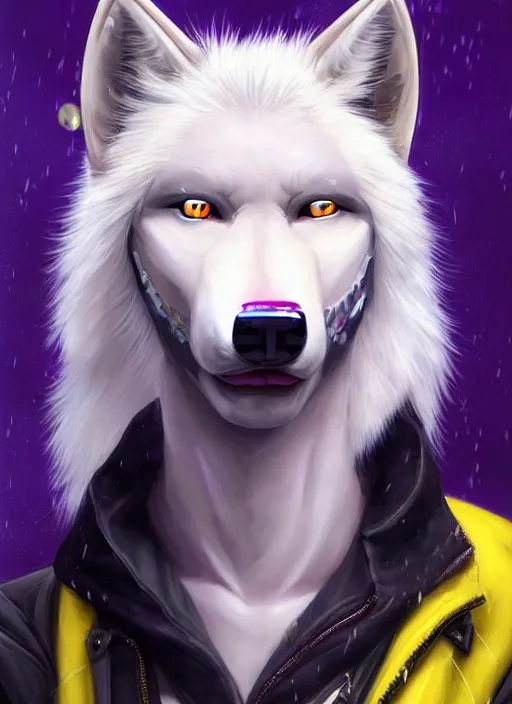 Image similar to award winning beautiful portrait commission of a male furry anthro albino wolf fursona with a tail and a cute beautiful attractive detailed furry face wearing stylish black, purple and yellow cyberpunk biker clothes riding a futuretech motorcycle in a cyberpunk city at night while it rains. Character design by charlie bowater, ross tran, artgerm, and makoto shinkai, detailed, inked, western comic book art