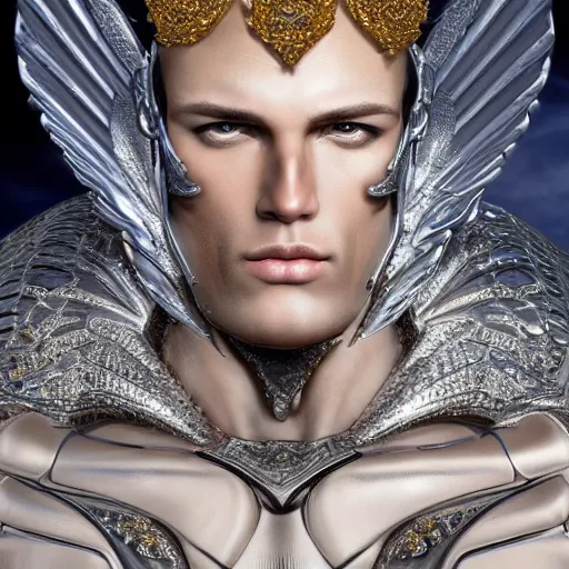 Prompt: a beautiful muscular male angel wearing a silver chrome armor with golden ornaments and diamonds jewelry by alex gray and android jones, karol bak, ayami kojima, amano, concept art, character design, fantasy, 3 d, 8 k resolution