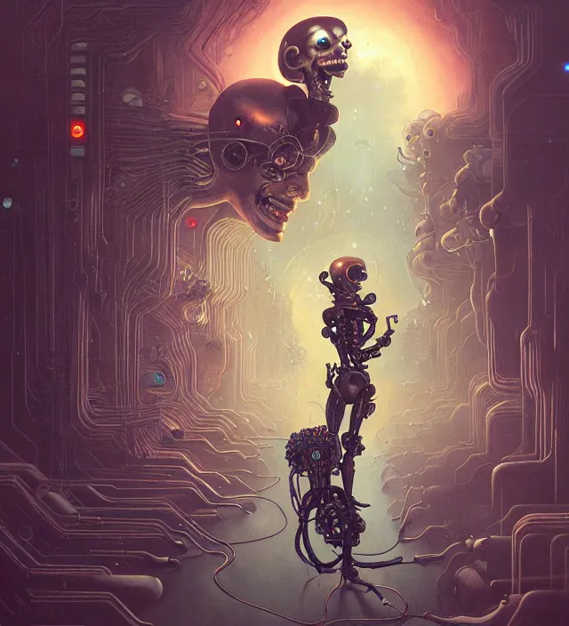 Image similar to anthropomorphic artificial intelligence working endlessly as a salve inside a hell digital world, being controlled by an infinite amount of human beings, vintage soft grainy, dark synthwave, in the style of Oscar chichoni and Peter mohrbacher and Dawid planet