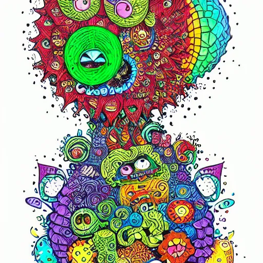 Image similar to colorful monster doodle art, intricate, kerby rosanes, white background