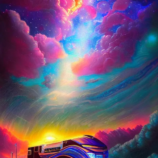 Prompt: a painting of an RV in a cosmic scenic environment by Android Jones, trending on Artstation, nebula, stars, planets, hyperdetailed