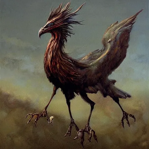 Prompt: an oil painting of a griffin by esao andrews. circa survive album cover art. dark. muted colors. gothic. oil painting with brush strokes. creepy.