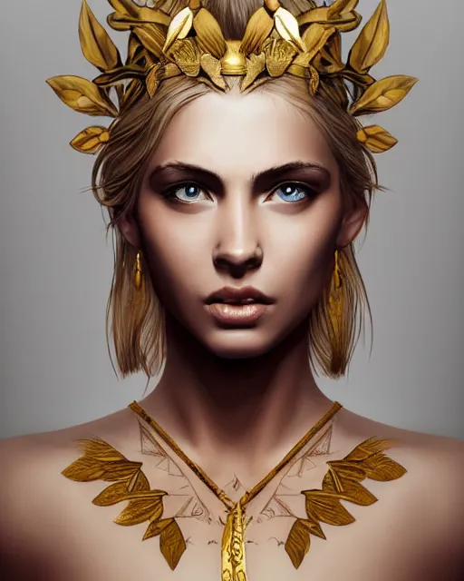 Image similar to front view of beautiful super model aphrodite greek goddess wearing a gold laurel wreath and triangle earrings, realism tattoo sketch, beautiful piercing eyes with sharp pupils, beautiful blonde hair, in the style of greg rutkowski, fantasy, amazing detail, epic, elegant, smooth, sharp focus