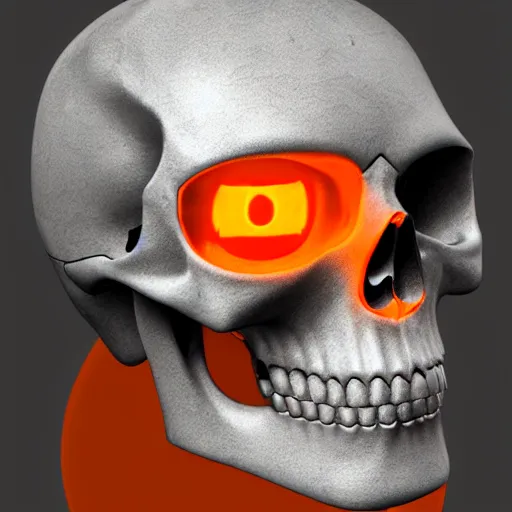 Prompt: real human skull with robotic circular orange light electronic eyes in eye sockets