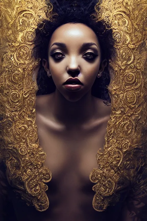 Prompt: a photorealistic portrait of tinashe as mysterious dark goddess of death, realism, clouds, swirling fabric, elaborate ornate growth, gilded relief, trending on artstation, by alessio albi