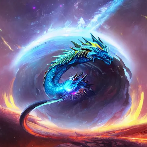 Prompt: prompt blue crystalline dragon, European dragon, devouring a planet, space, planets, moons, sun system, nebula, oil painting, by Fernanda Suarez and and Edgar Maxence and greg rutkowski