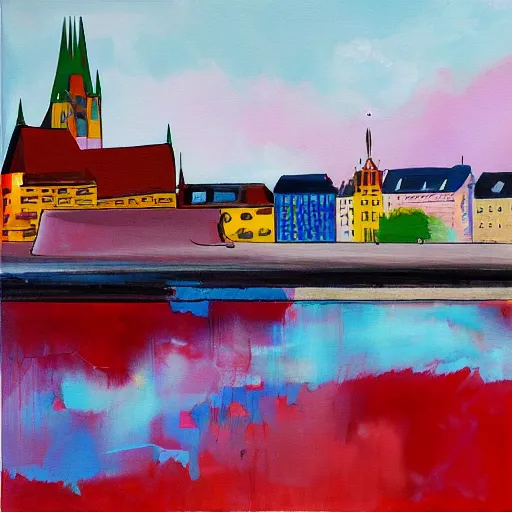 Image similar to abstract painting of the rhine board in basel, the munster in the background