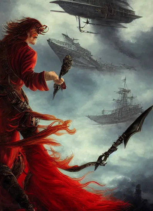 Image similar to epic fantasy portrait painting of a long haired, red headed male sky - pirate in front of an airship in the style of the matrix