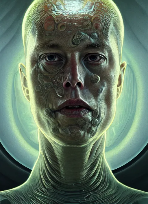 Image similar to elon musk as slimy mollusk, drool, portrait, intricate, elegant, highly detailed, digital painting, artstation, concept art, wallpaper, smooth, sharp focus, illustration, art by h. r. giger and artgerm and greg rutkowski and alphonse mucha