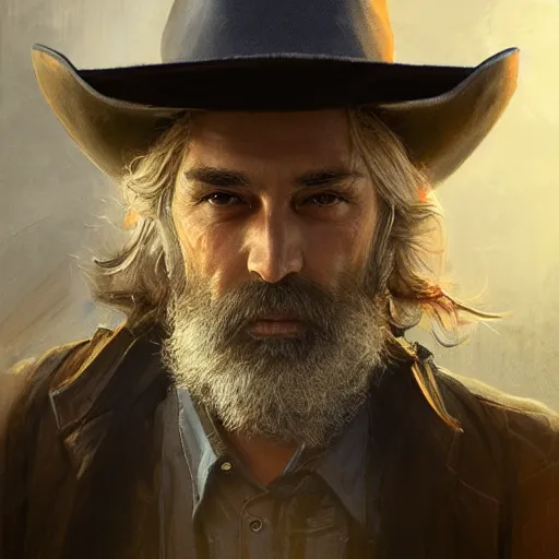 Prompt: portrait of a man with a long duster, almost grey hair and a cowboy hat, harsh good looking face, drawn by Ruan Jia, fantasy art, dramatic lighting, digital art,highly detailed