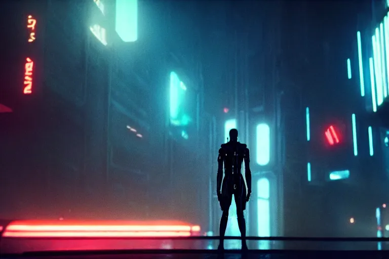 Prompt: film still of closeup cyborg in blade runner 2 0 4 9, space port, cinematic, moody, gritty neon noir by emmanuel lubezki