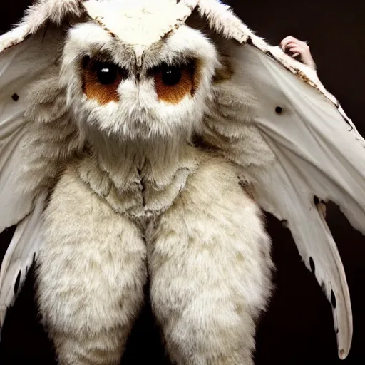 Prompt: white and brown mothman female, movie still hd, full body, creature, hybrid, bug. fur - covered mouth, large moth wings, humanoid, eerie, creature hybrid. detailed.