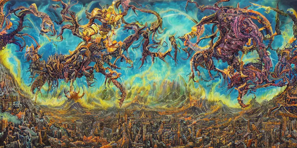 Image similar to a high hyperdetailed painting of the war between the monsters of reason vs the monsters of imagination, the merging of determined and undetermined worlds horror and spiritual fantasy creatures, as dichotomies are broken in search of elevation psychedelic surreal magical dystopian technological utopian psycho spiritual art, anarchist art chaotic fulcolor